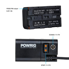 Close-up of D-Tap input and DC 5.5mm output ports on cable