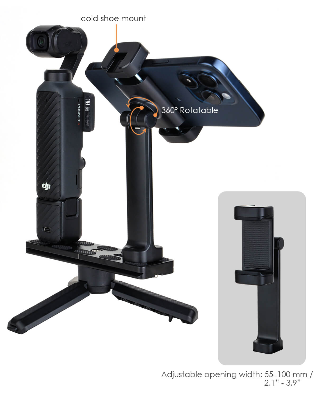 360 rotatable cold shoe phone clip mount for Osmo Pocket 3 4, adjustable 55-100mm smartphone holder
