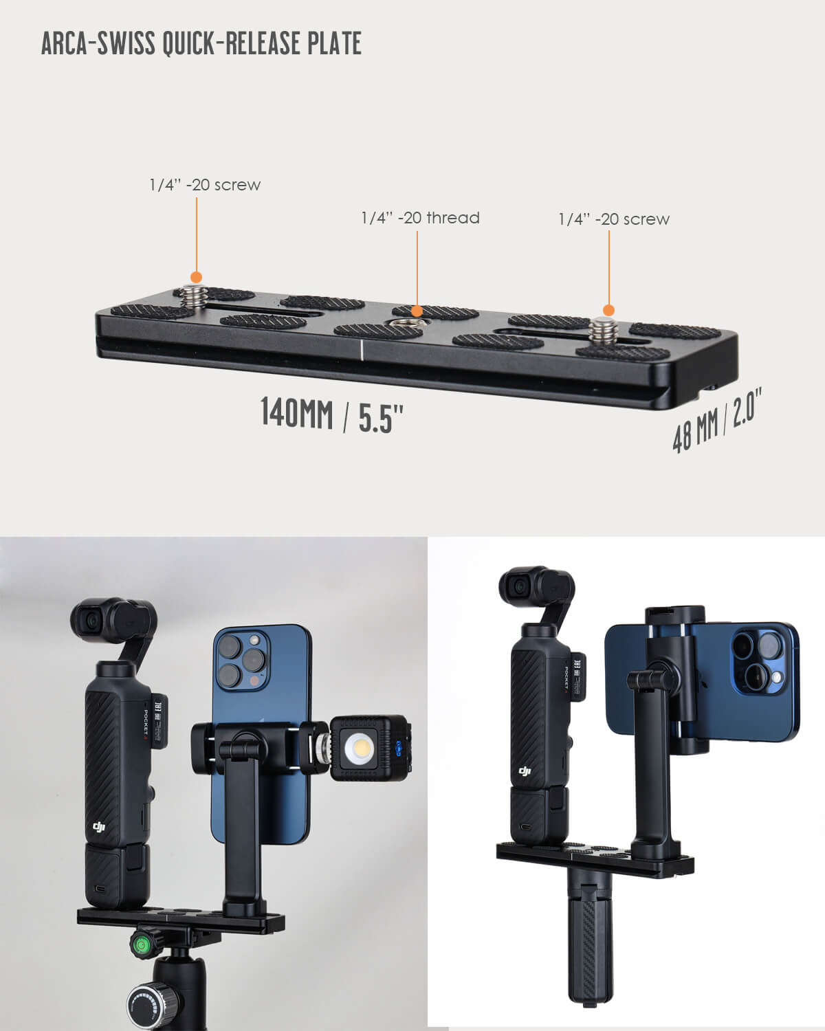 Arca-Swiss quick release aluminum plate with multiple 1/4 screw holes for Pocket 3 4 phone mount rig