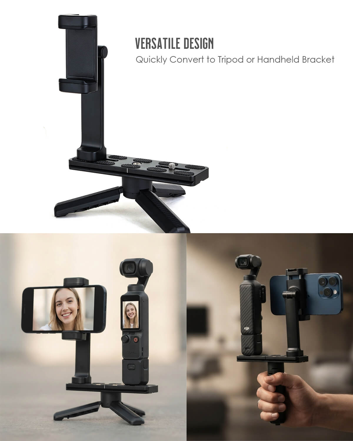 Versatile dual-use phone mount stand for DJI Pocket 3 4, convertible table tripod & handheld vlog bracket