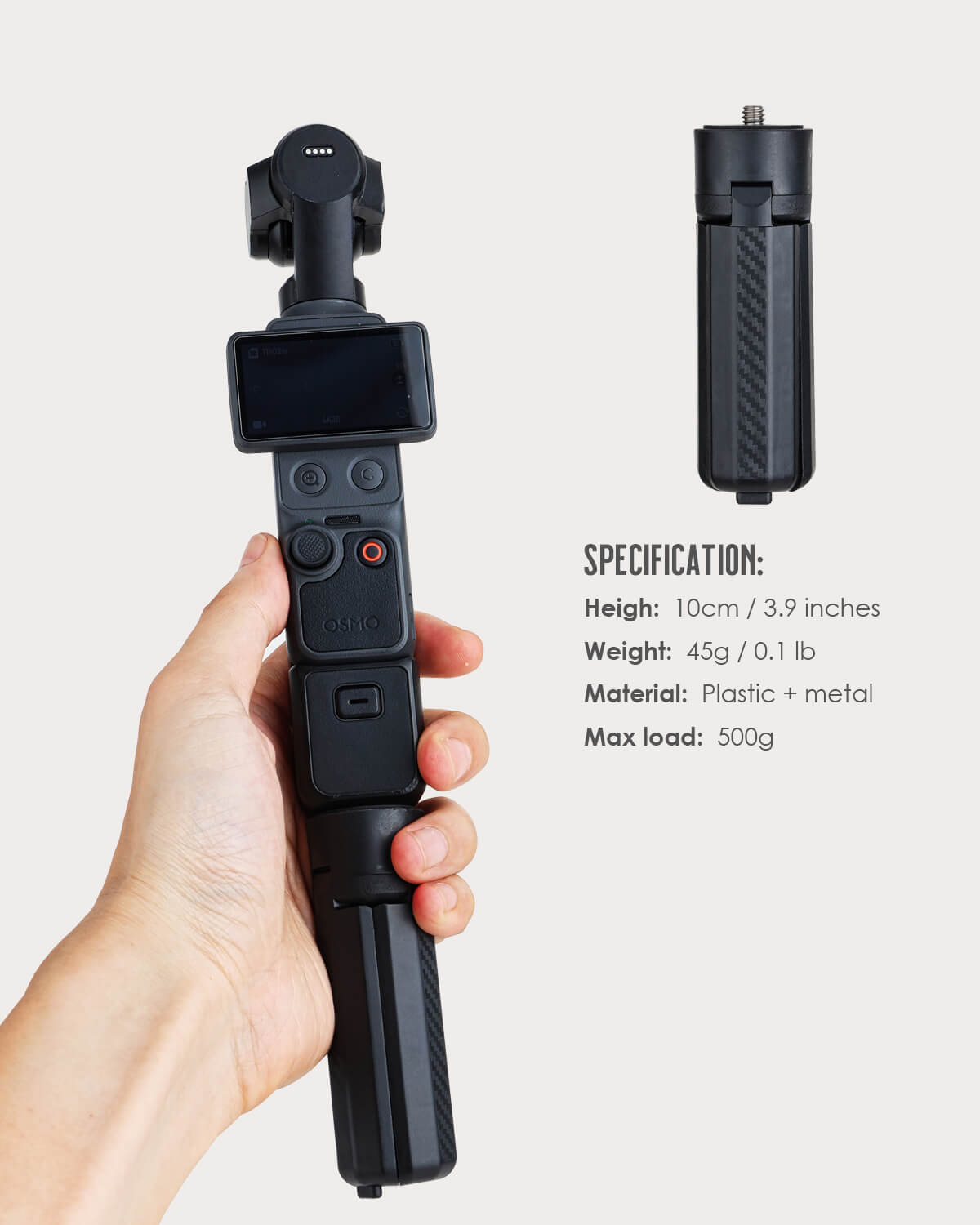 45g small foldable tripod spec 10cm height, max load 500g mini camera tripod for DJI Osmo Pocket 3 Pocket 4