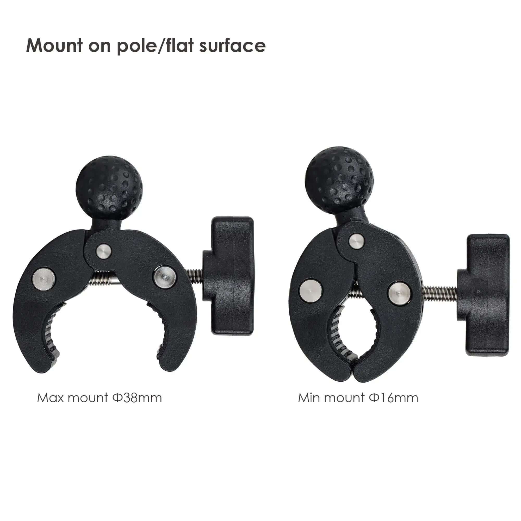 Demonstration of the 1-inch ball clamp showing maximum and minimum tube diameter compatibility from 16mm to 38mm