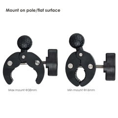Demonstration of the 1-inch ball clamp showing maximum and minimum tube diameter compatibility from 16mm to 38mm