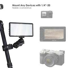 Close-up of the 1-inch ball and 1/4-20 thread interface on the clamp for mounting cameras, LED fill lights and monitors