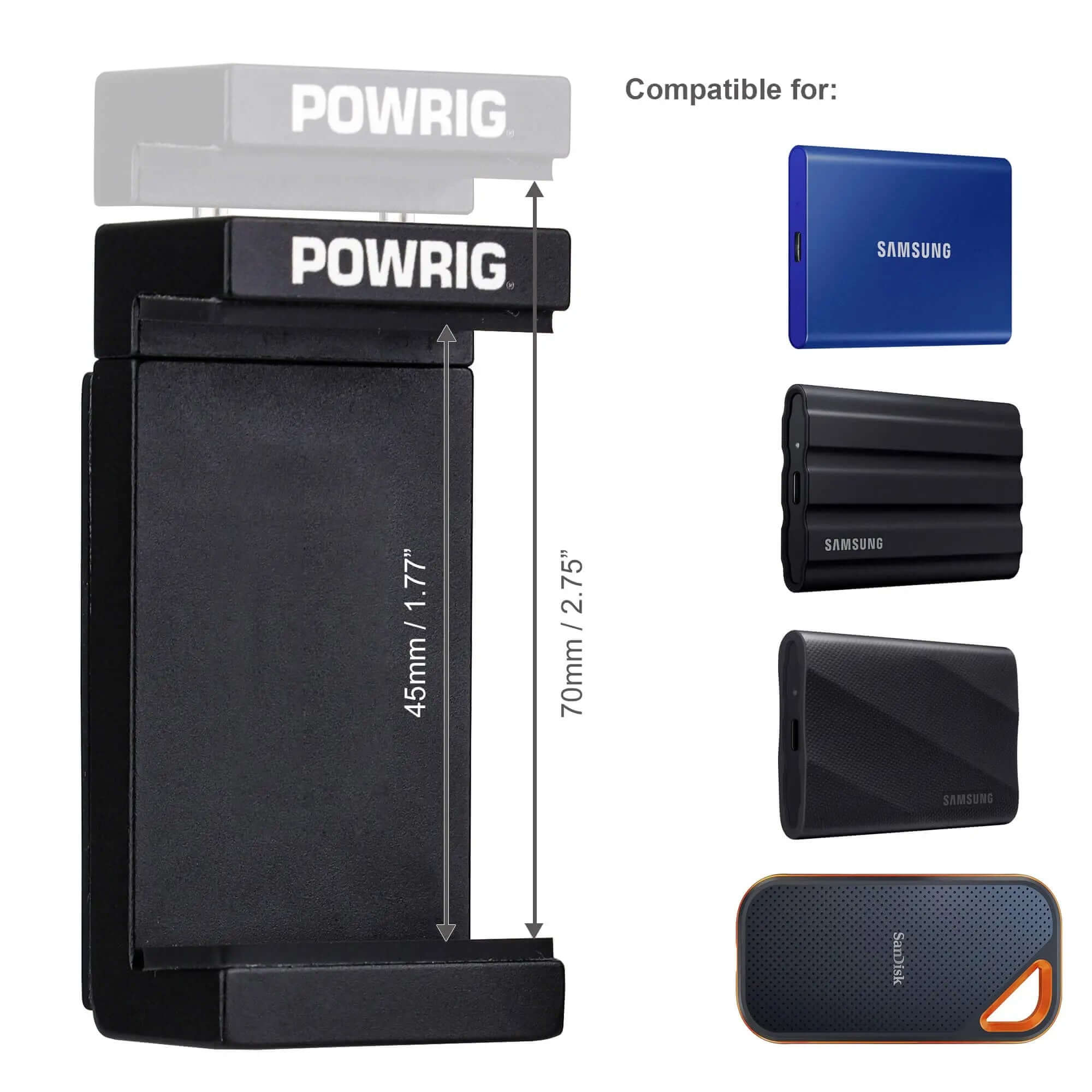 POWRIG Aluminum SSD Mount Clamp dimensions (45mm-70mm adjustable) - Compatible with Samsung T7/T9, SanDisk portable SSDs