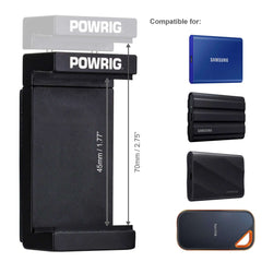 POWRIG Aluminum SSD Mount Clamp dimensions (45mm-70mm adjustable) - Compatible with Samsung T7/T9, SanDisk portable SSDs