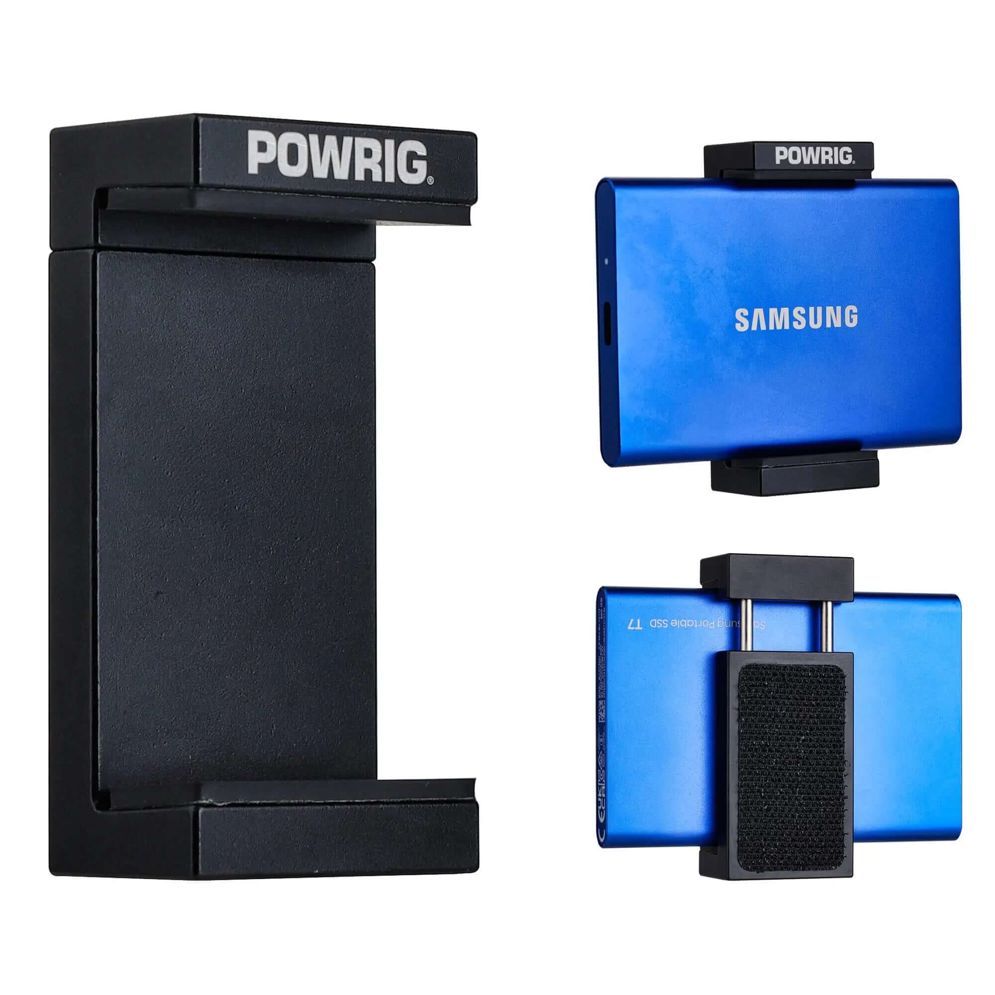 POWRIG Aluminum SSD Mount Clamp for laptops - Black adjustable holder for Samsung T7 portable SSD, side view and installation guide