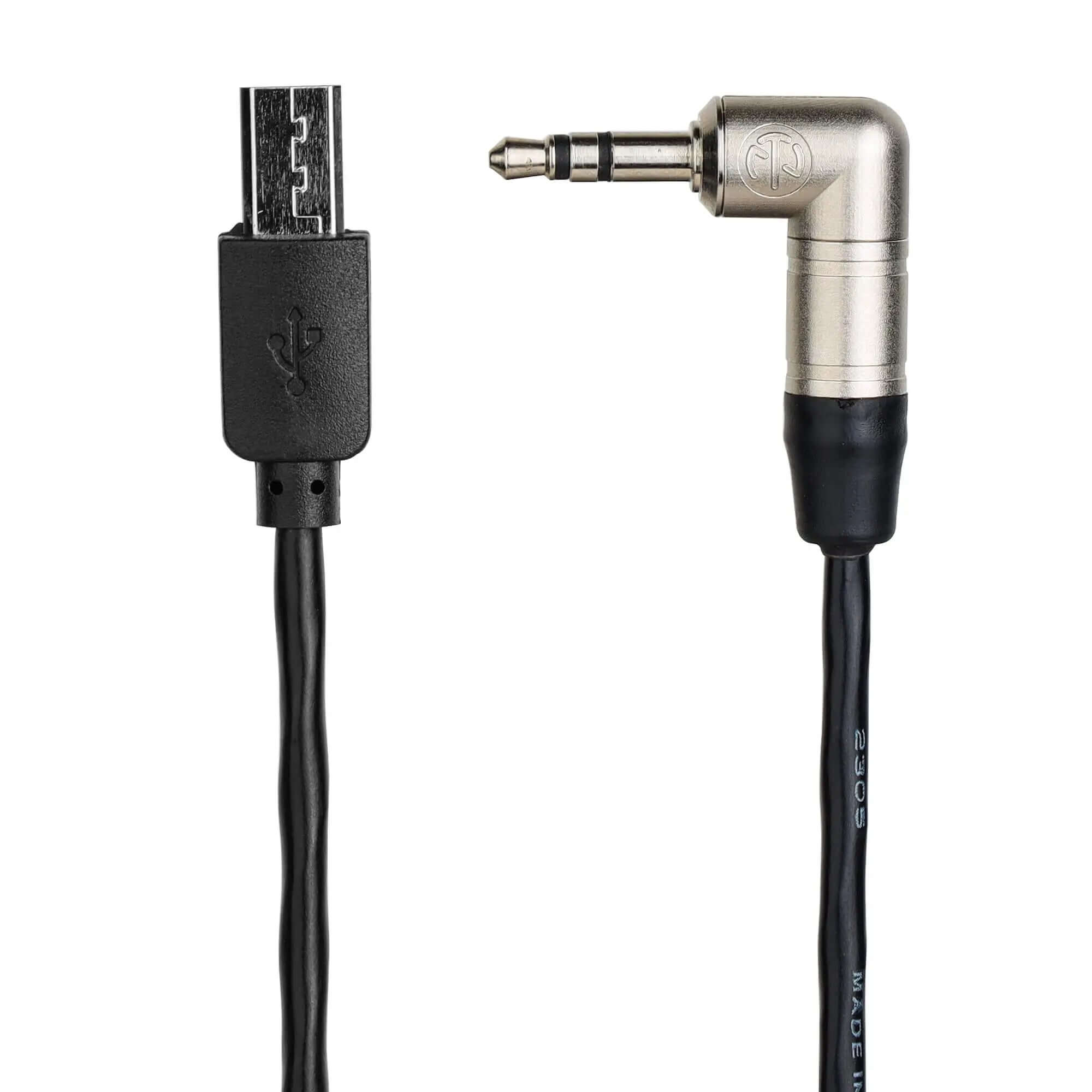 Close-up of shielded 3.5mm TRS right-angle plug with Tentacle Sync logo on professional timecode cable