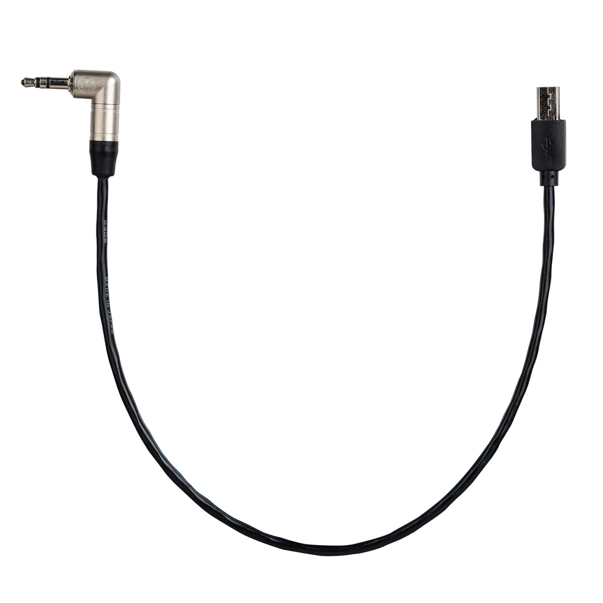 POWRIG Tentacle Sync timecode cable for Sony FX3 showing Micro USB and right-angle 3.5mm TRS connectors