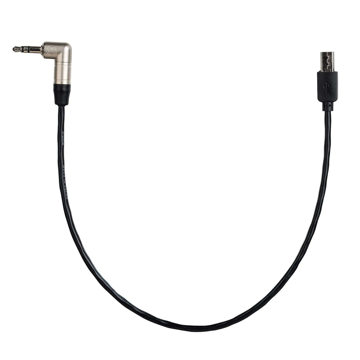 POWRIG Tentacle Sync timecode cable for Sony FX3 showing Micro USB and right-angle 3.5mm TRS connectors