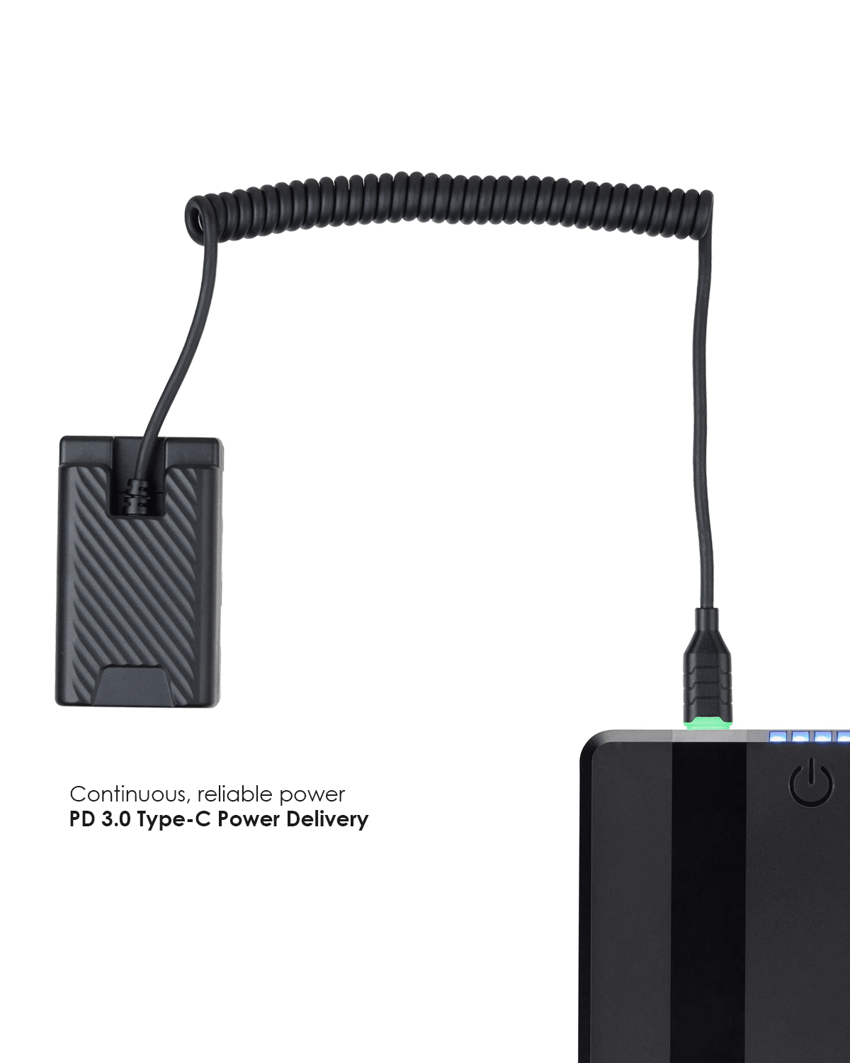 POWRIG Type-C to BP-U dummy battery power cable plugged into PD 3.0 power bank with green LED power indicator illuminated