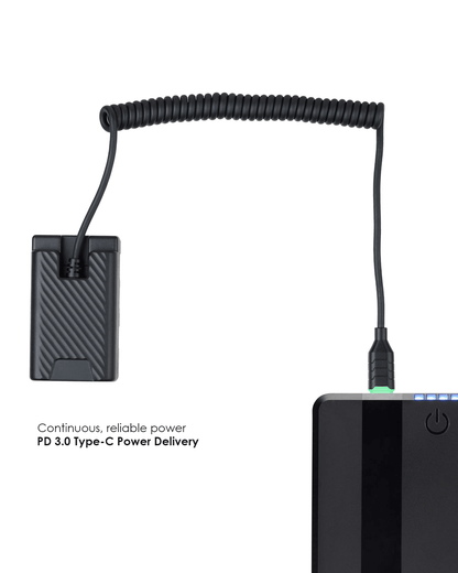 POWRIG Type-C to BP-U dummy battery power cable plugged into PD 3.0 power bank with green LED power indicator illuminated