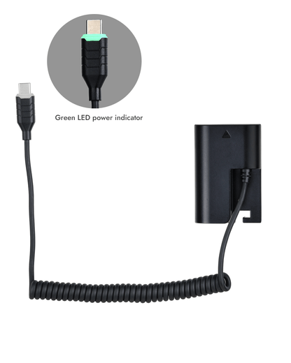 POWRIG Type-C to Canon LP-E6P dummy battery power cable with illuminated green LED power indicator for PD power banks