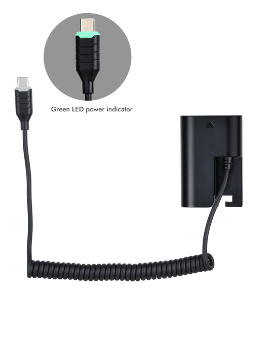 POWRIG Type-C to Canon LP-E6P dummy battery power cable with illuminated green LED power indicator for PD power banks