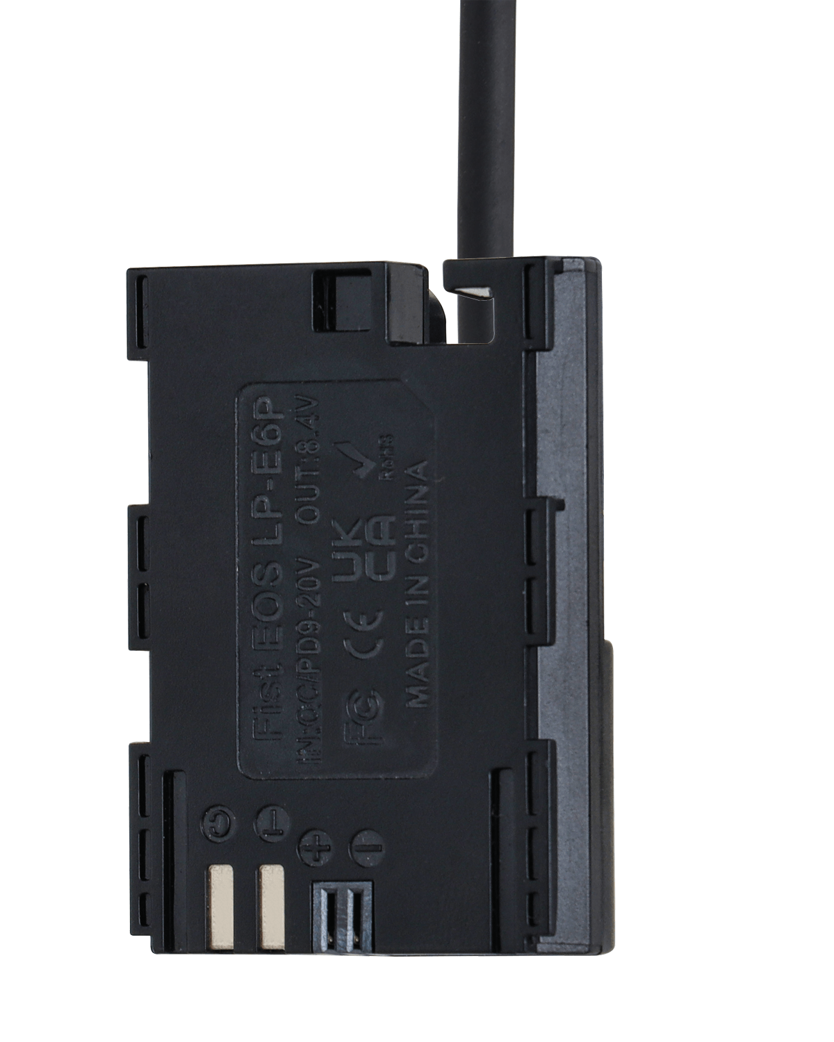 POWRIG fully decoded LP-E6P dummy battery bottom contact terminals with QC PD 9V-20V input and 8.4V output specifications