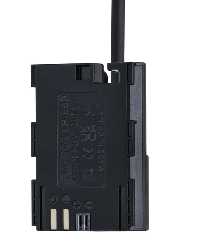 POWRIG fully decoded LP-E6P dummy battery bottom contact terminals with QC PD 9V-20V input and 8.4V output specifications