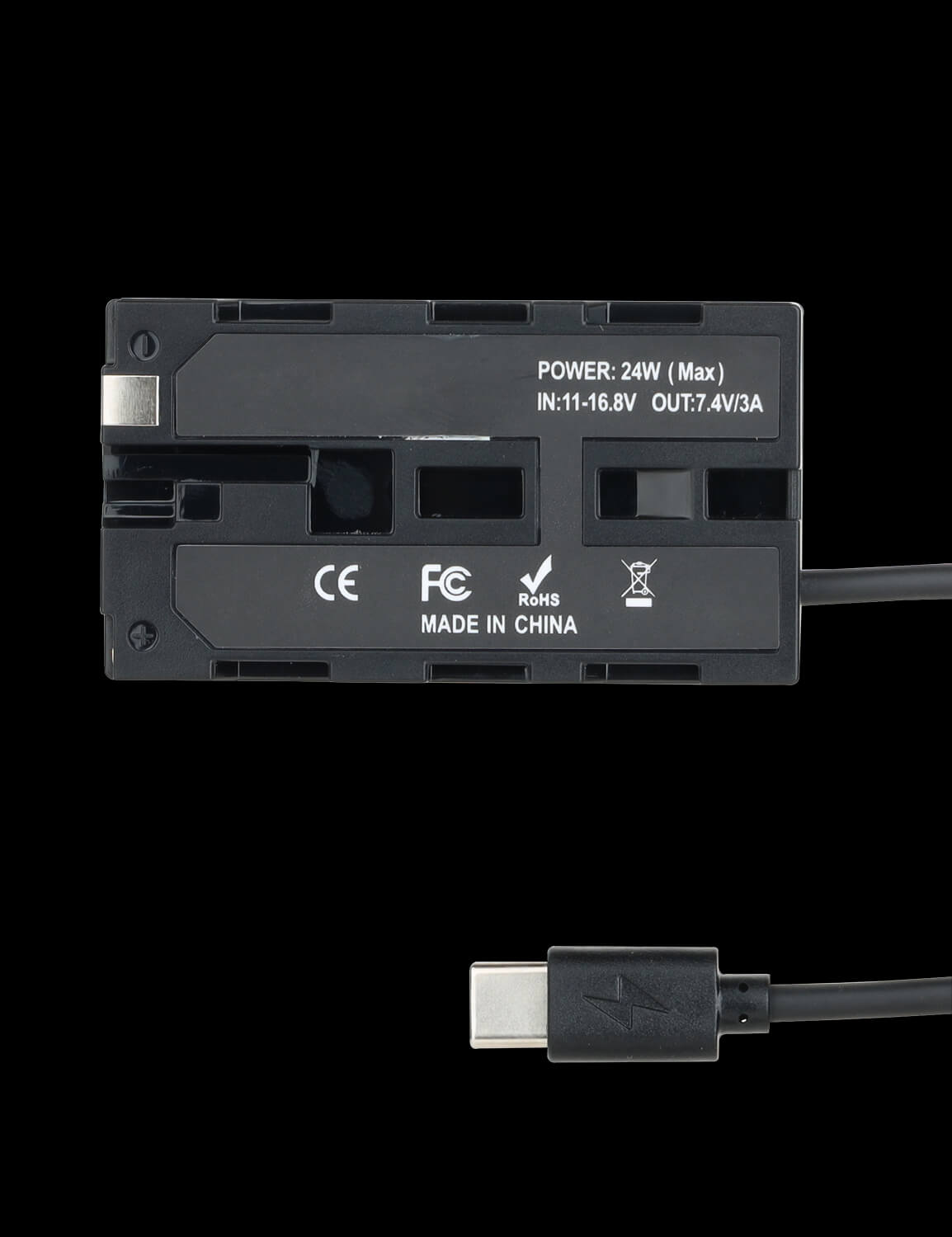 NP-F dummy battery plate showing 7.4V 3A output and USB-C PD input
