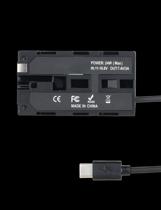 NP-F dummy battery plate showing 7.4V 3A output and USB-C PD input