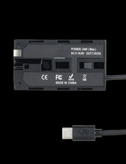 NP-F dummy battery plate showing 7.4V 3A output and USB-C PD input