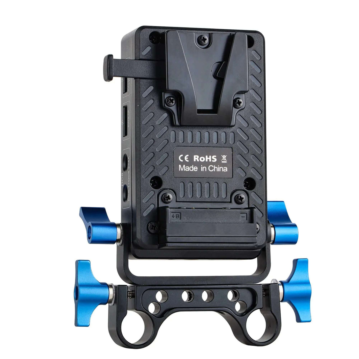 Compact V-Mount Battery Plate with D-Tap Ports & 15mm Rod Clamp - Rear View