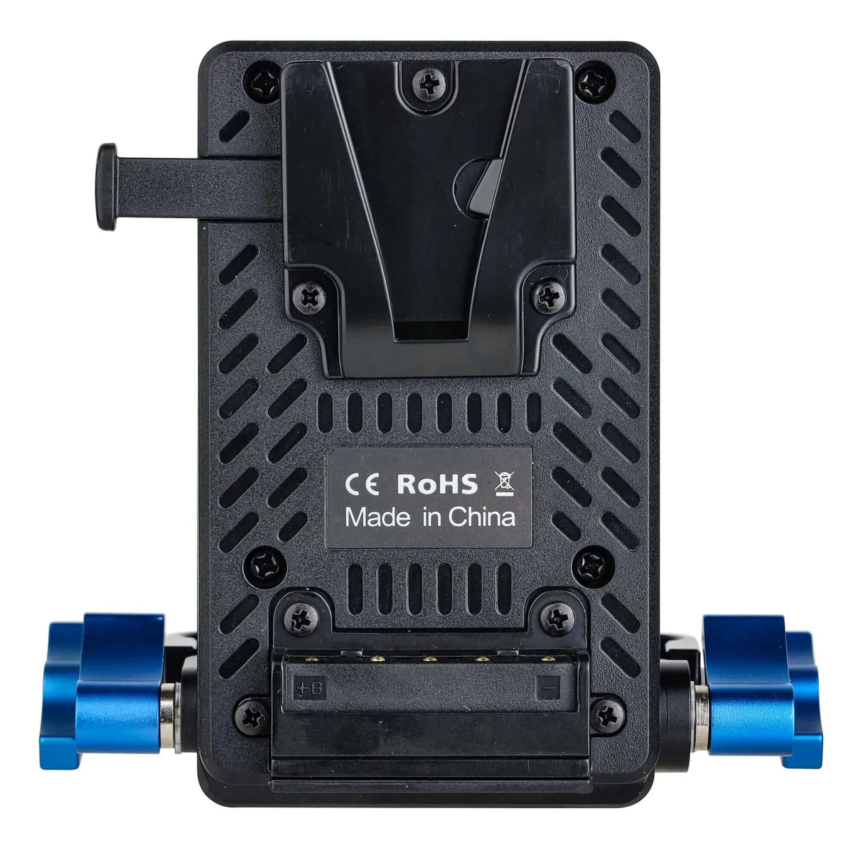 V-Lock Battery Plate for Camera Rig - Rear View with Mounting Screws & Blue Knobs