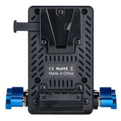 V-Lock Battery Plate for Camera Rig - Rear View with Mounting Screws & Blue Knobs