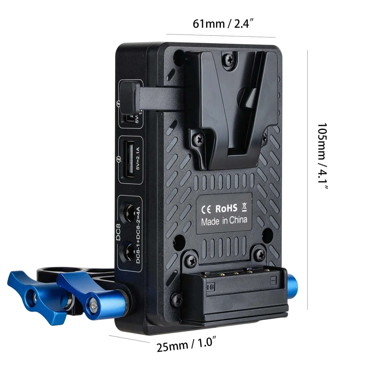 V-Mount Battery Plate with 15mm Rod Clamp, DC & USB Outputs, Dimensions 61x105x25mm