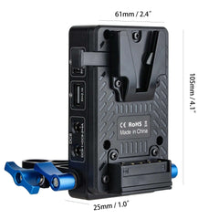 V-Mount Battery Plate with 15mm Rod Clamp, DC & USB Outputs, Dimensions 61x105x25mm