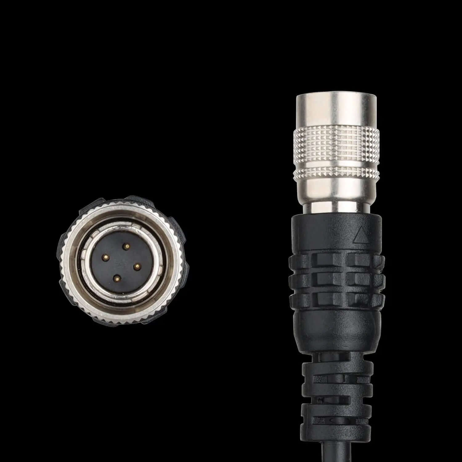 Close-up of 4-pin Hirose connector showing male plug and female socket pins for field audio equipment