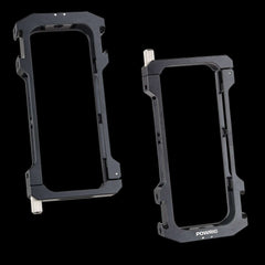 POWRIG Insta360 X3 aluminum cage two side views, adjustable protective frame rig for Insta360 X3 panoramic camera, all-metal expansion housing