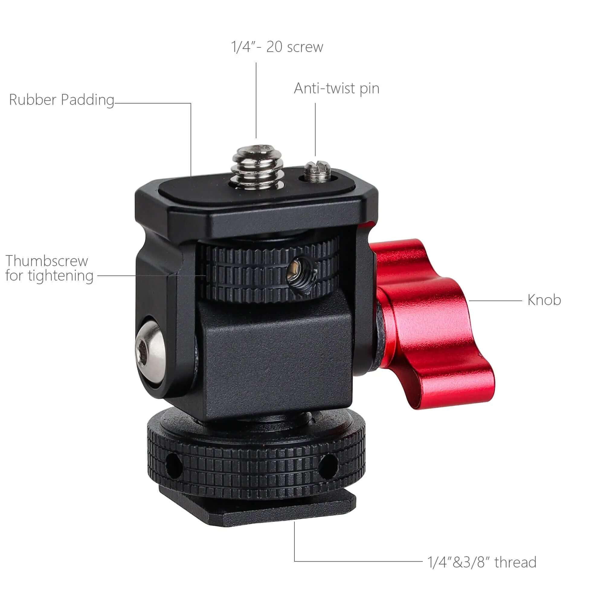 Close-up of anti-slip rubber pad, anti-twist pin, and 1/4 & 3/8 thread base on monitor bracket