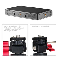 Adjustable clamp securing 5-7 inch field monitor compatible with SmallHD and Atomos, with included hex wrench
