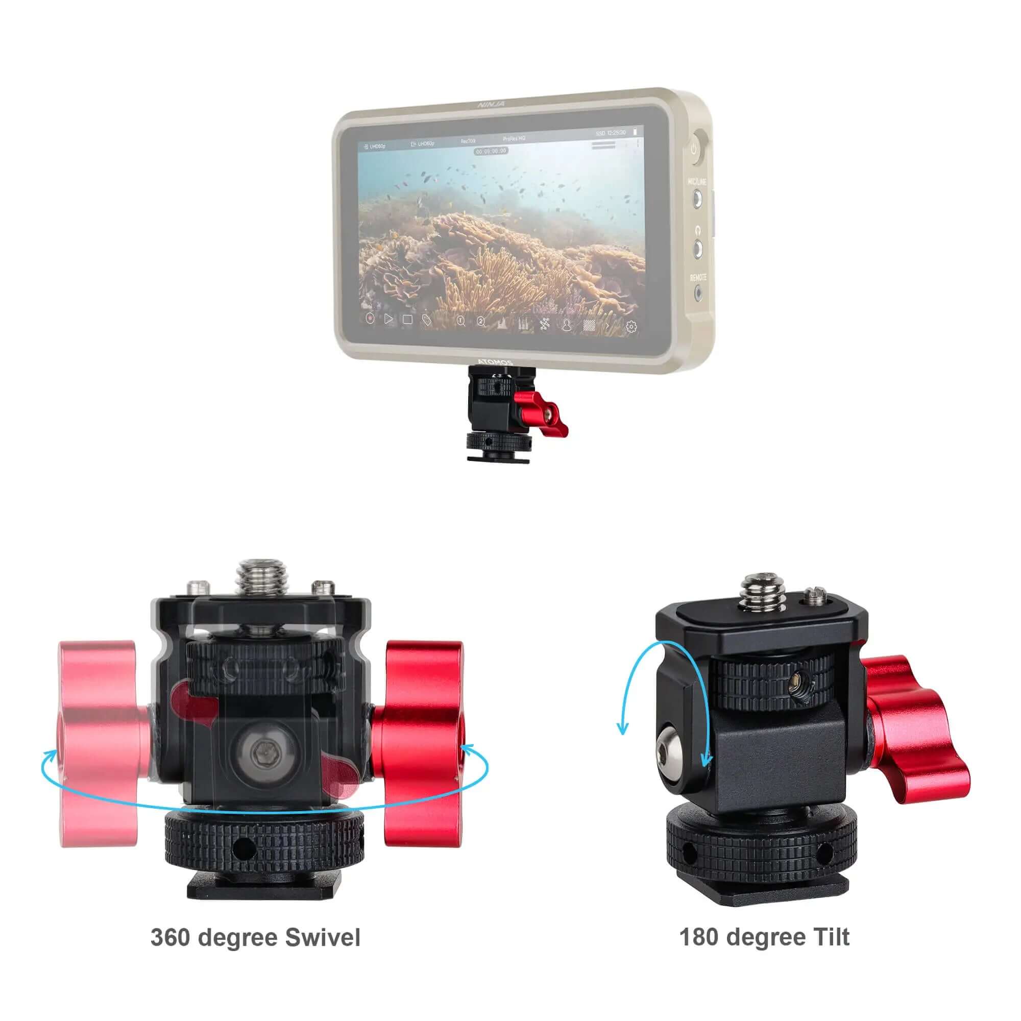 Monitor mount demonstrating 360-degree swivel rotation and 180-degree vertical tilt range