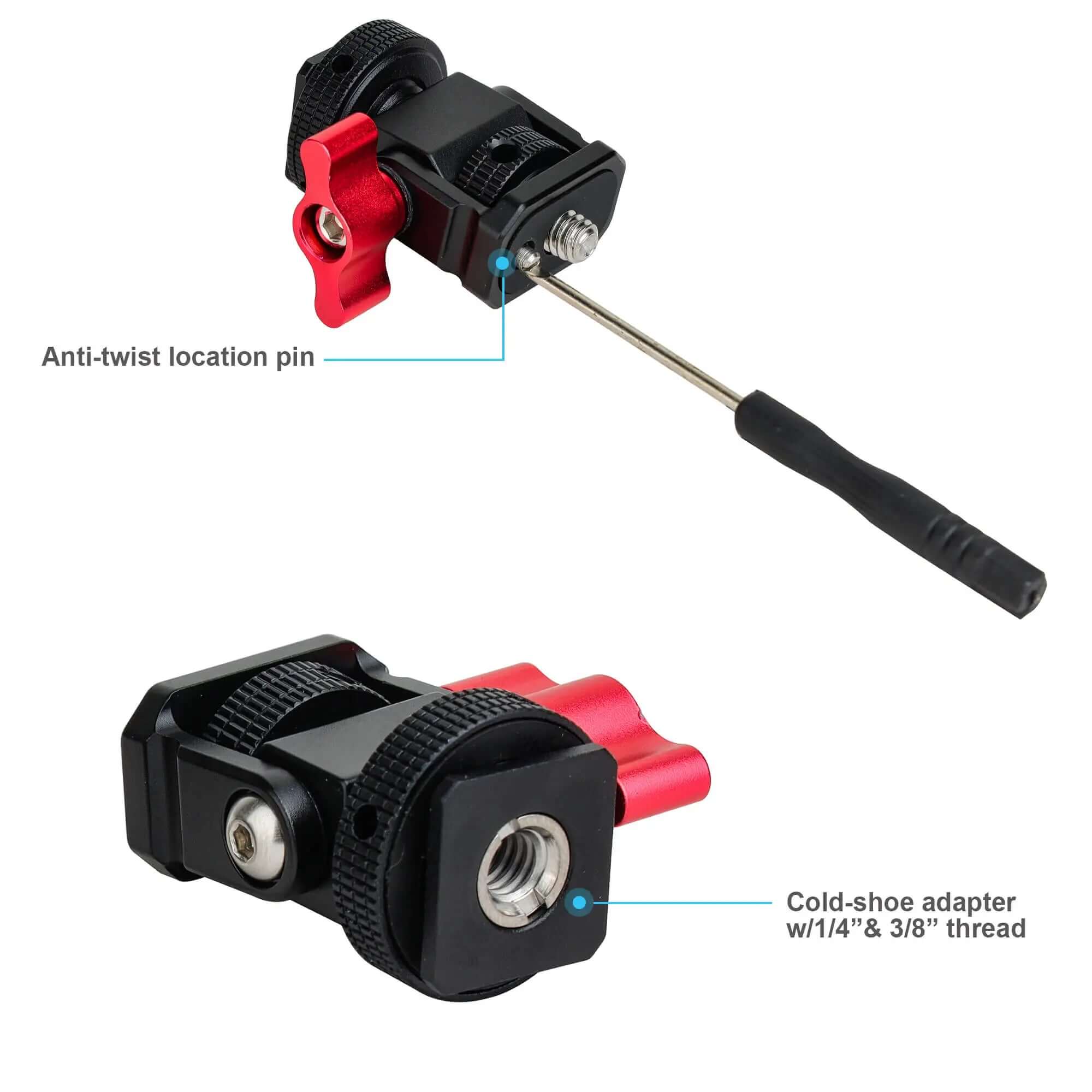 Cold shoe adapter base with anti-twist location pin and dual 1/4 & 3/8 thread mounting options