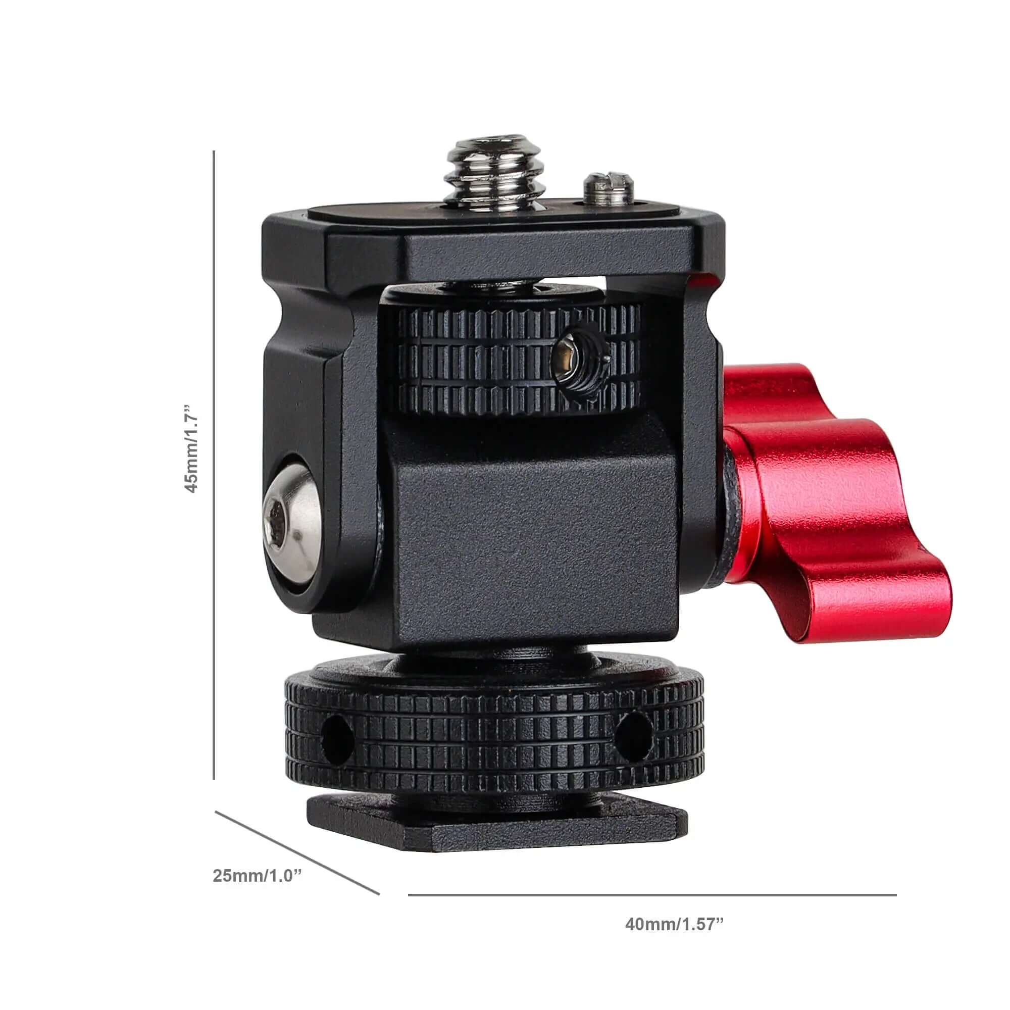 Compact quick-release monitor mount dimensions showing 45mm height and lightweight aluminum build