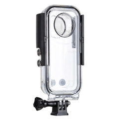 Back view Insta360 X3 dive waterproof case, clear protective camera housing with lock buttons