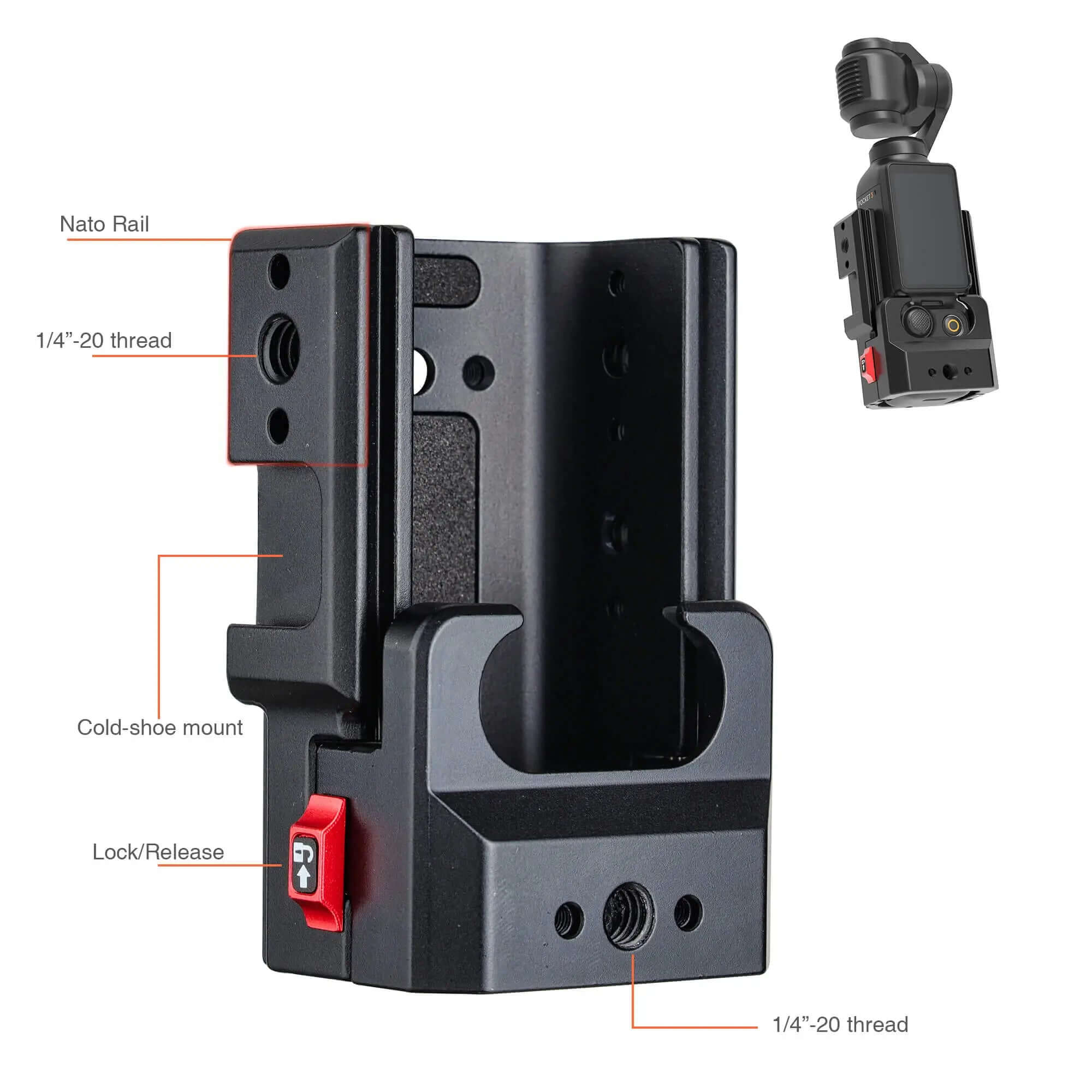 POWRIG Aluminum expansion cage for DJI Osmo Pocket 3 featuring NATO rail, cold shoe mount, and 1/4-20 threads