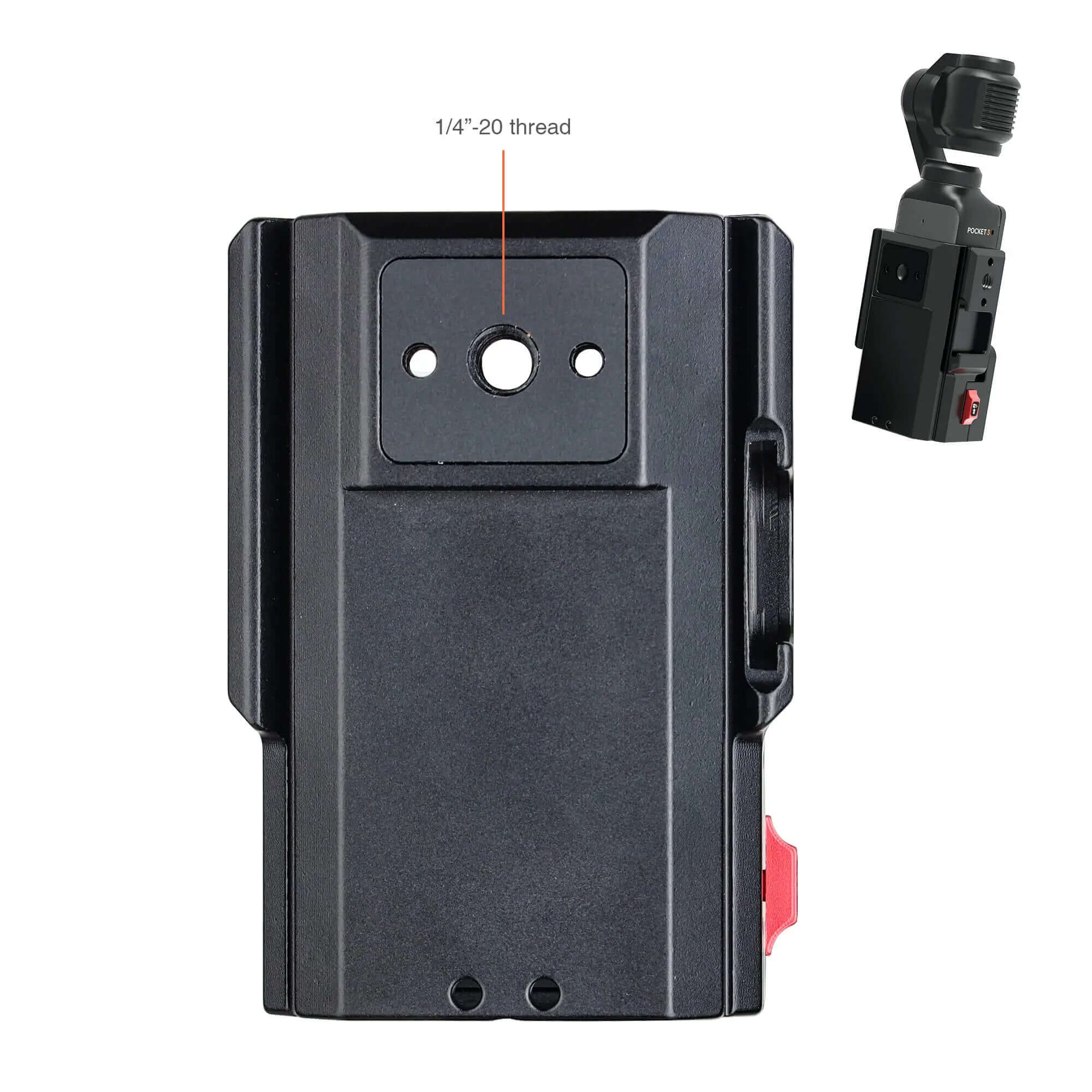 back view of DJI Pocket 3 cage with built-in protective padding and standard 1/4-20 tripod thread mount