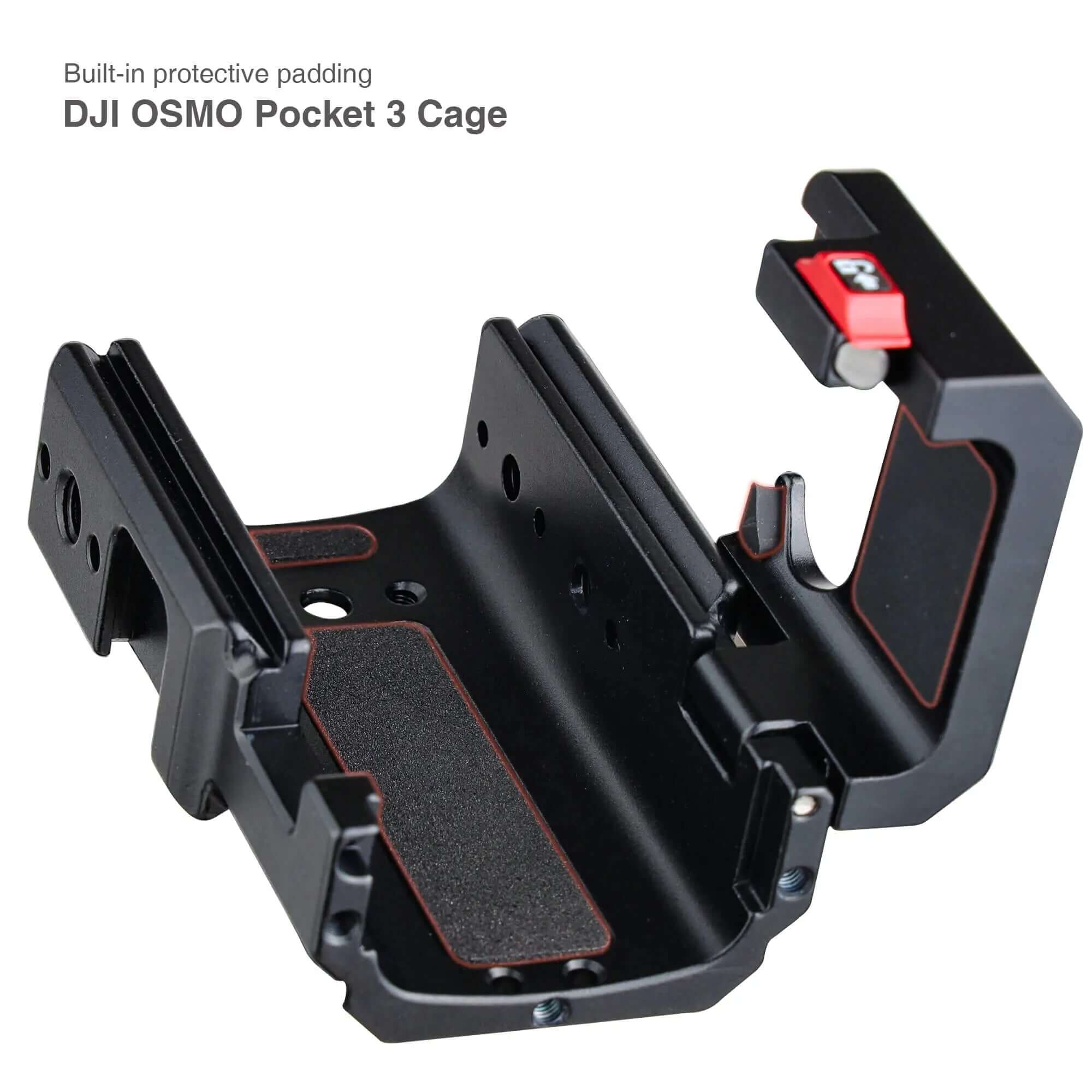 Internal view of DJI Pocket 3 cage with built-in protective padding and standard 1/4-20 tripod thread mount