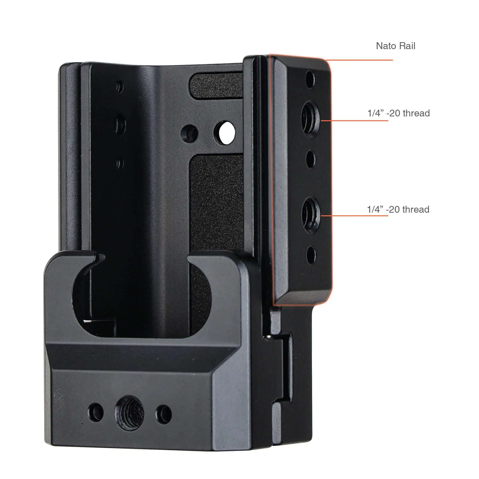 Side profile of aluminum mounting cage highlighting dual 1/4-20 threaded holes and NATO rail interface
