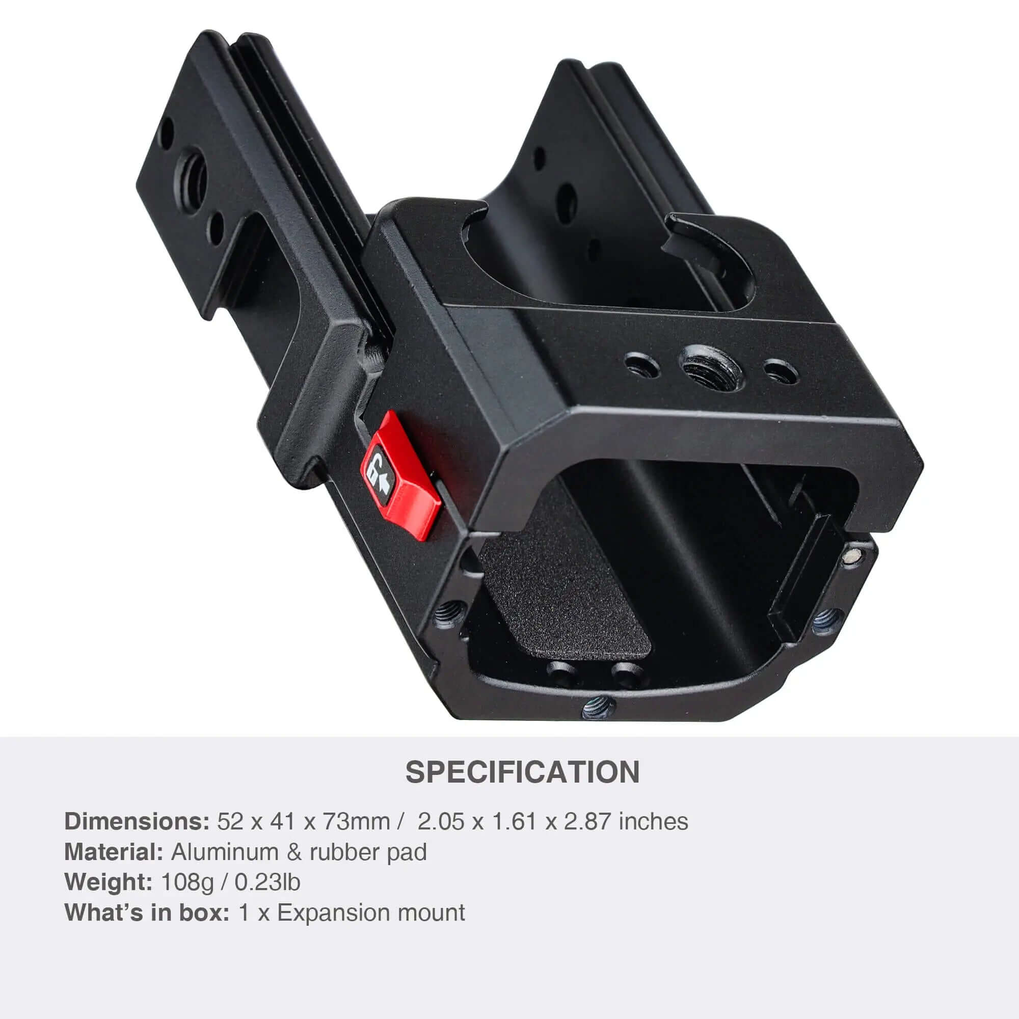 Back view of DJI Osmo Pocket 3 cage showing dimensions (52x41x73mm) and lightweight aluminum construction specs