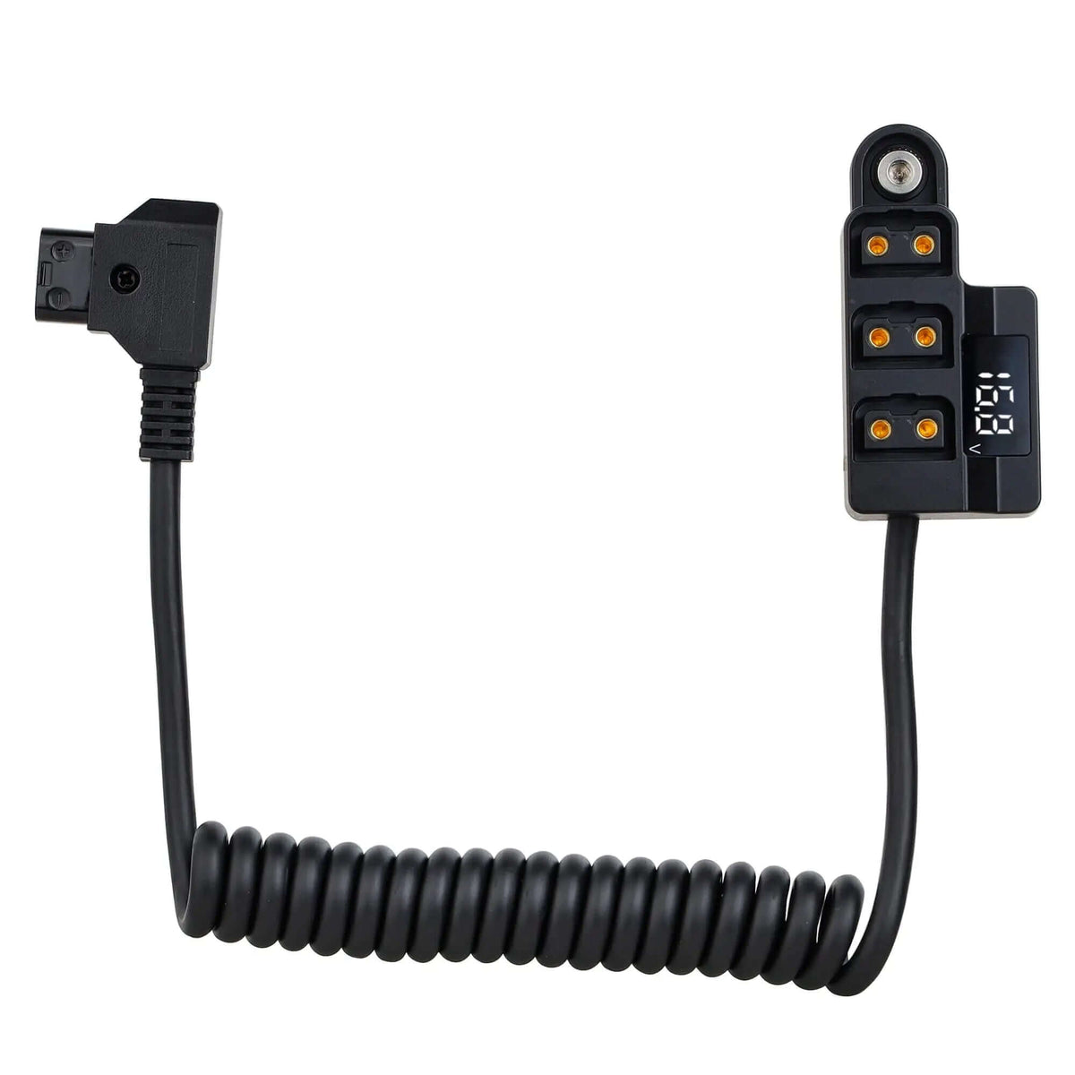 POWRIG Coiled D-Tap splitter cable with LED voltage monitor and 1-to-3 female output block
