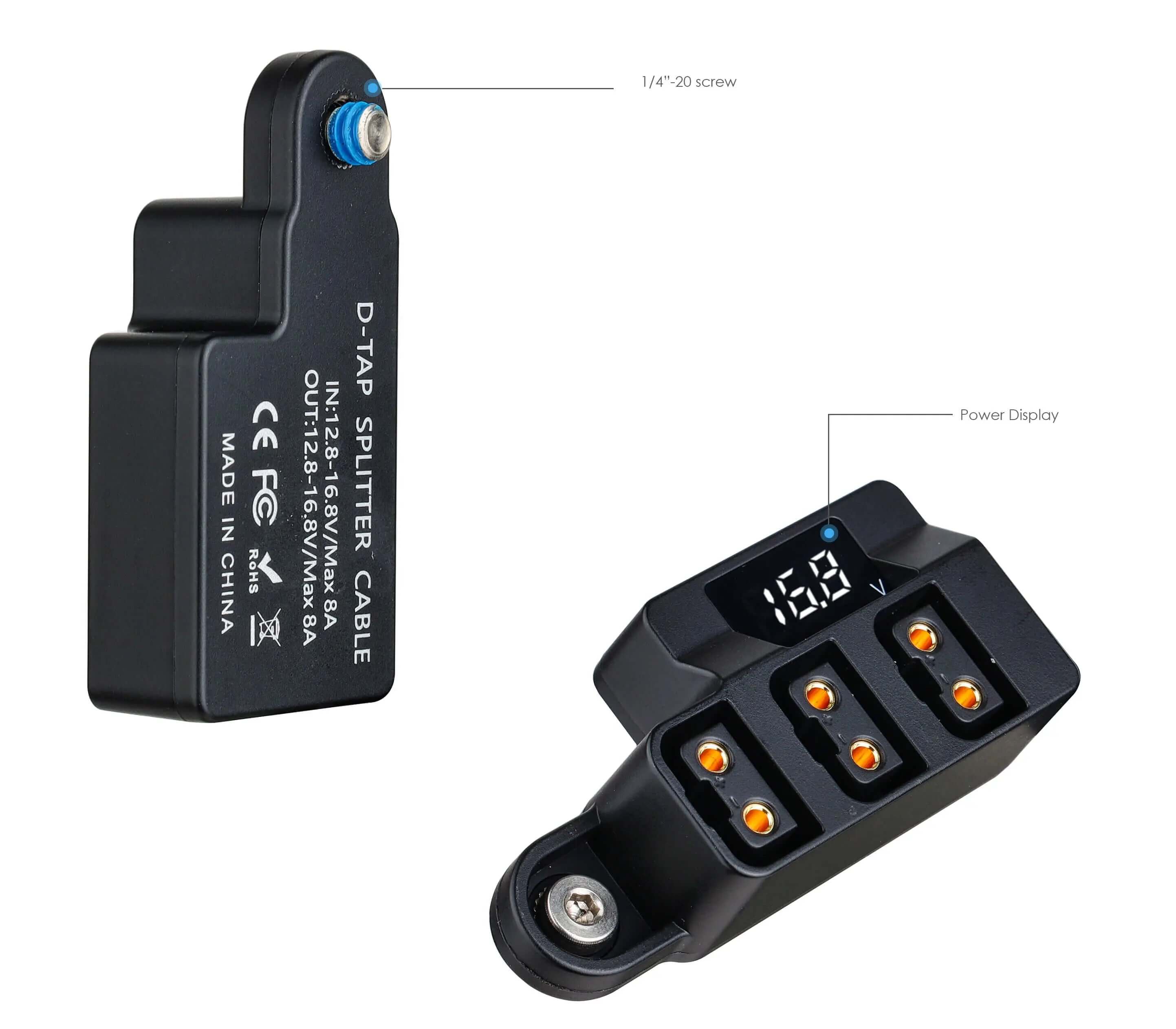Close-up of D-Tap splitter hub featuring 3 female output ports and real-time 15.9V LED power display