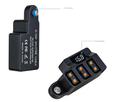 Close-up of D-Tap splitter hub featuring 3 female output ports and real-time 15.9V LED power display