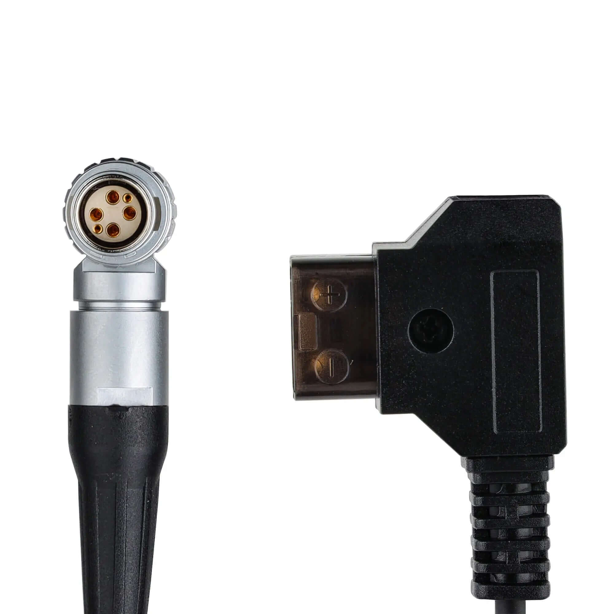 Close-up of D-Tap plug and 5-pin right-angle connector for DJI Transmission power cable
