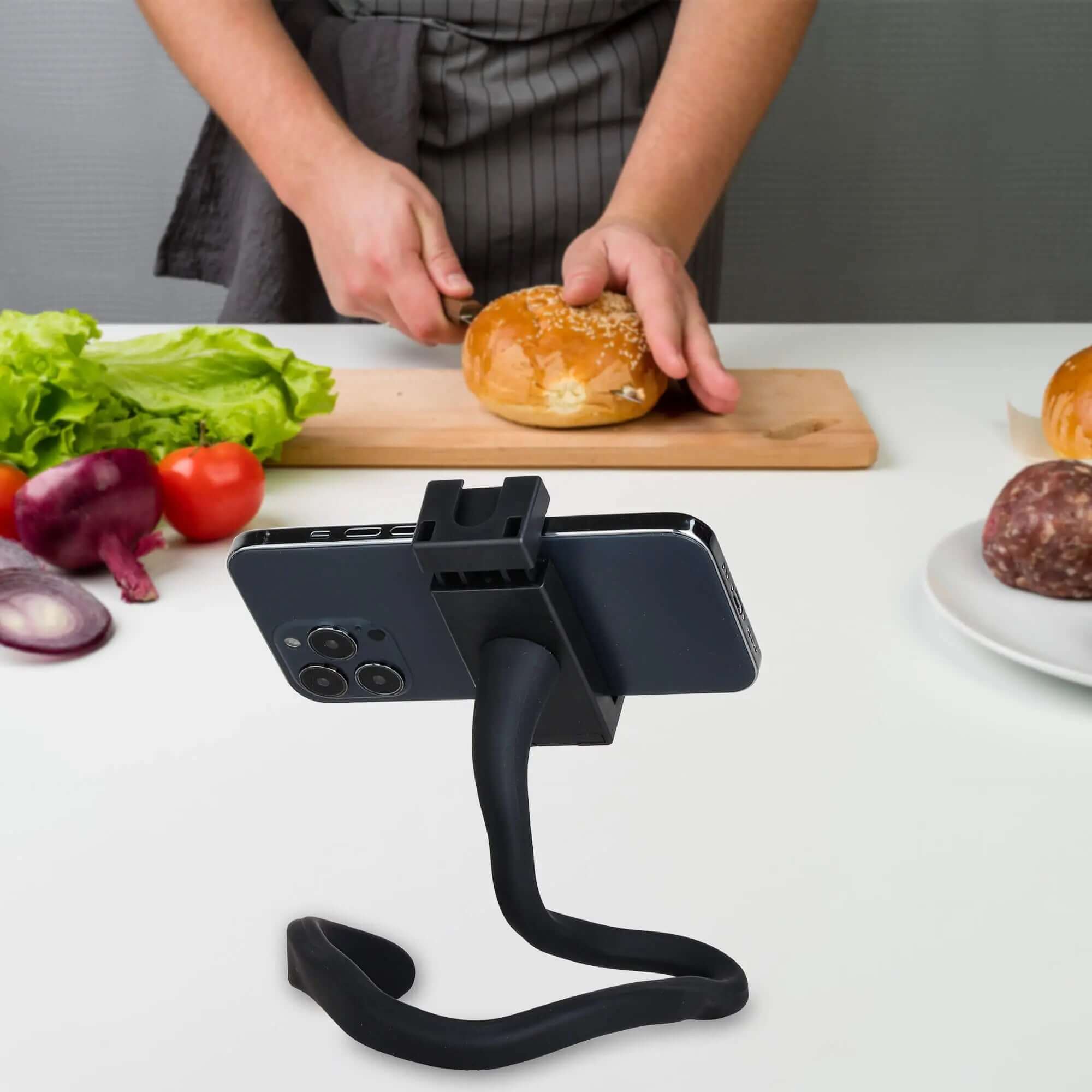 Flexible Lazy Phone Stand for Cooking, Bendable Gooseneck Phone Holder for Hands-Free Recipe Video Recording, Kitchen Vlogging