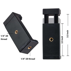 1/4"-20 Thread Universal Phone Clip Mount, Adjustable Smartphone Holder with Dual Tripod Screw Holes, 3.3 Inch Tall, Black