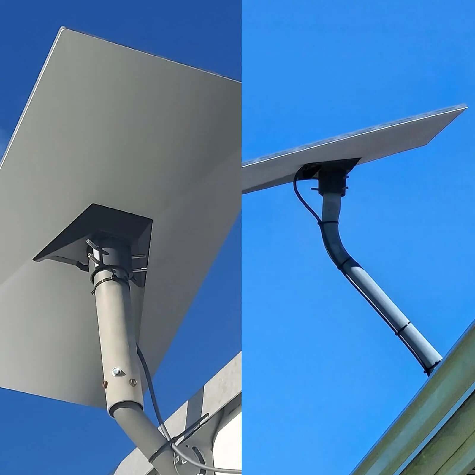 Real-world installation of Starlink Gen 3 rectangular dish mounted on outdoor pole using adjustable bracket against blue sky