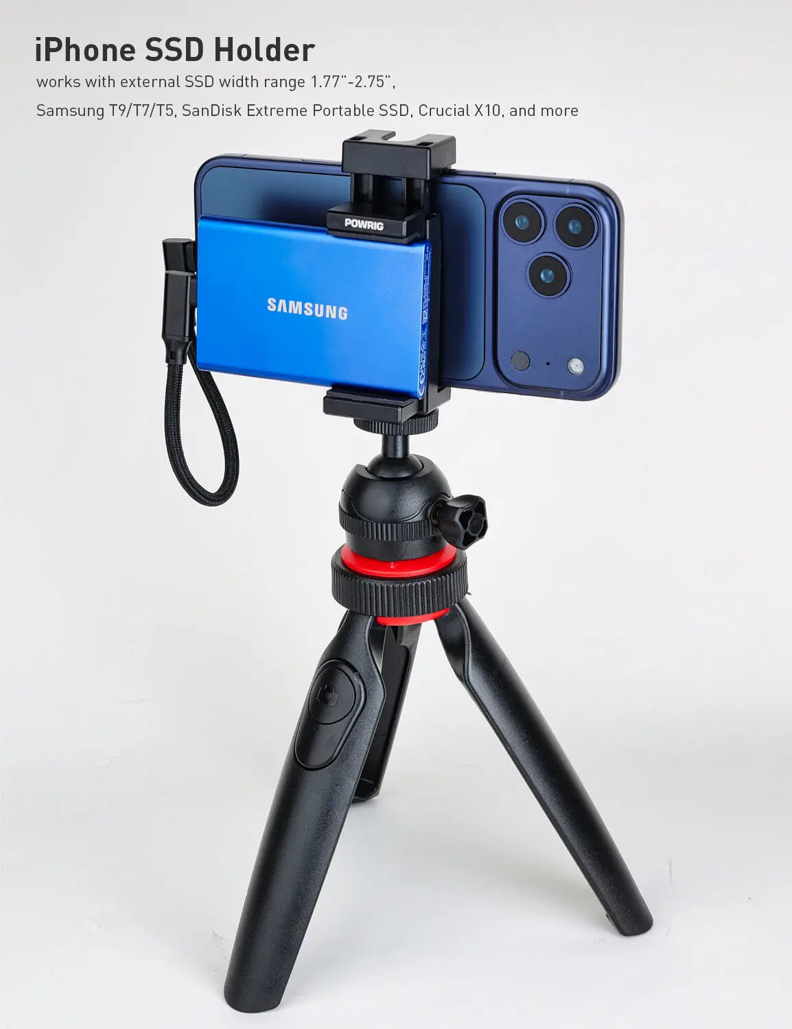 POWRIG iPhone SSD Holder Compatible with Samsung T9/T7/T5, SanDisk Extreme Portable SSDs for Mobile Filmmaking
