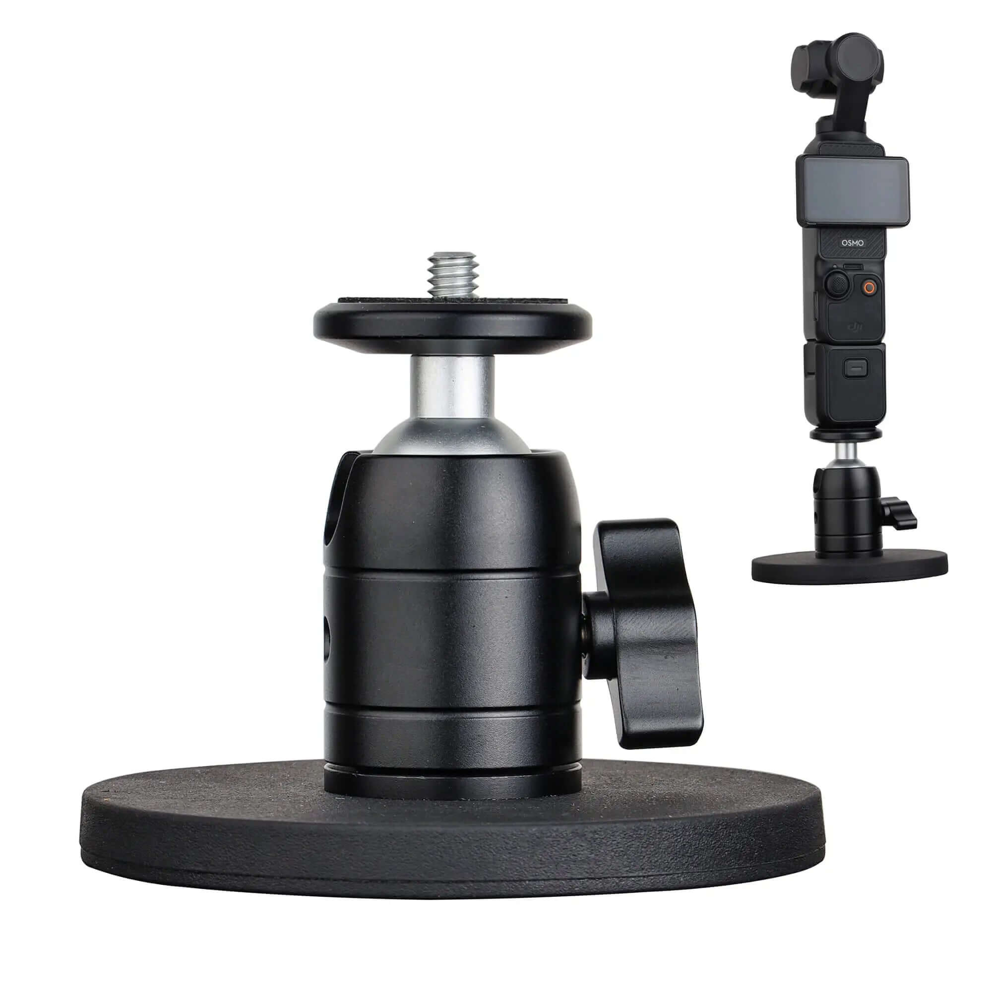 POWRIG magnetic ball head stand with weighted base holding DJI Osmo Pocket 3 for stable tabletop recording